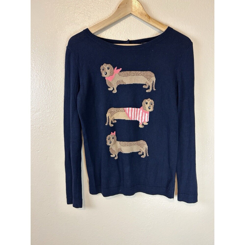 Talbots S Petite Sweater Pullover Dachshund Novelty Weiner Dog Crew Navy Blue
